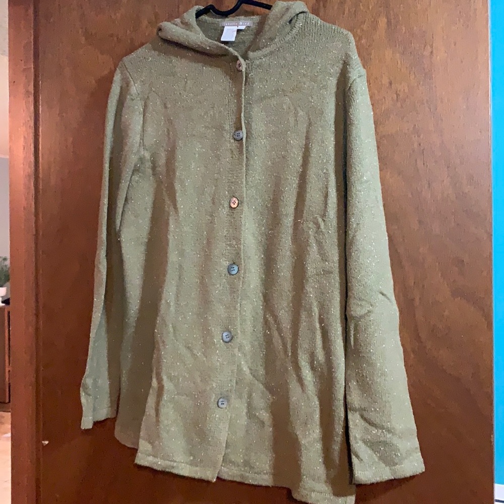 Isabella Bird Size Small Silk/Wool Blend Olive Green Hooded Sweater, button up - Picture 1 of 7